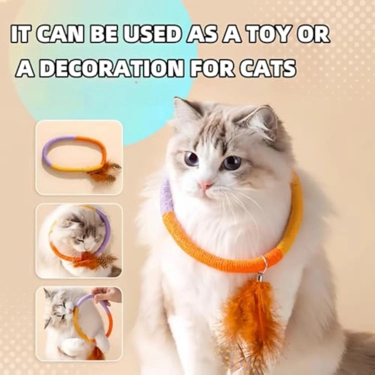 Green cotton rope circular cat toy with feather top for interactive play