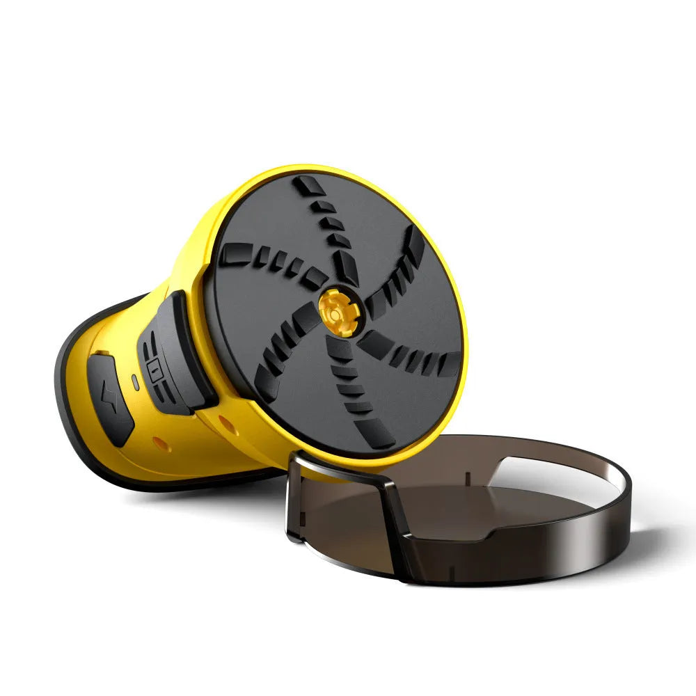 Yellow cordless electric ice scraper with funnel-shaped head next to a USB charging cable.