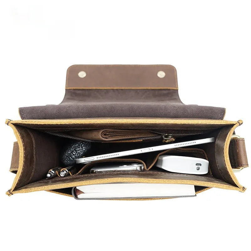 Vintage brown genuine leather crossbody bag for men with top grain finish and geometric pattern