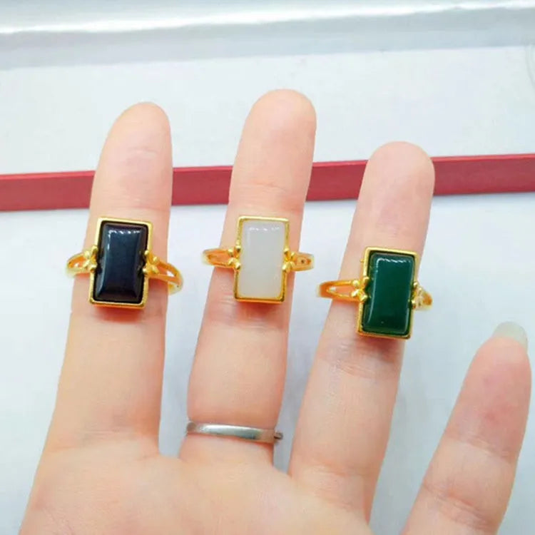 Brass gold-plated adjustable ring with electroplated artificial gemstone inlay in national style design