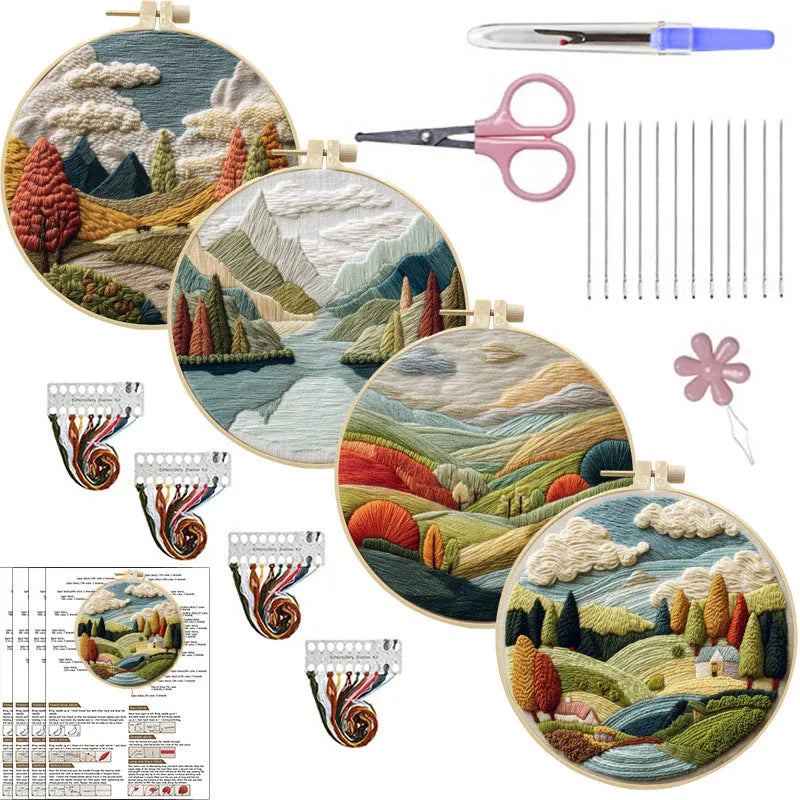 Embroidery DIY kit with 15cm bamboo frame, cotton linen fabric, and landscape design for handmade cloth art