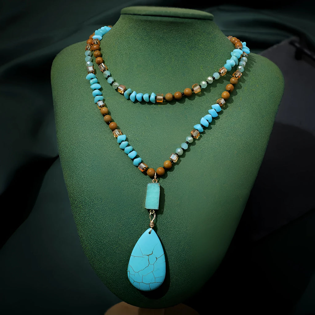 Blue turquoise necklace with large water drop pendant and imitation mineral gemstone detail