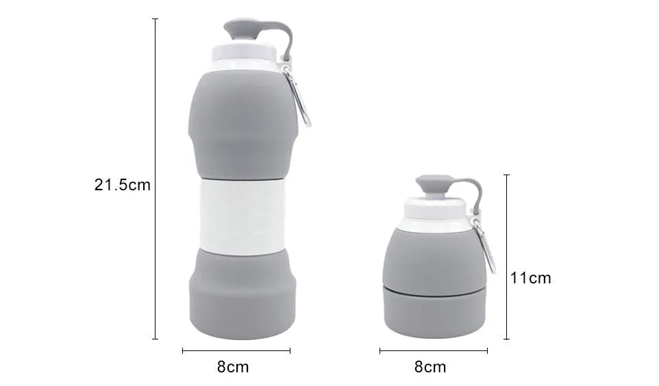Blue silicone folding water bottle shown at full height and collapsed height next to a backpack