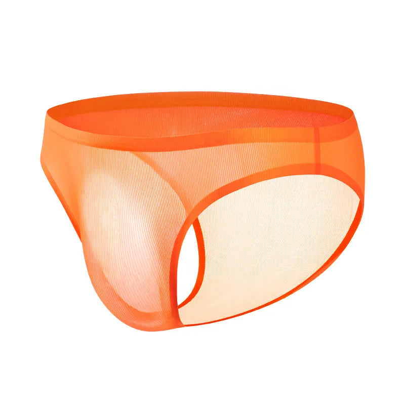 Seamless low waist ice silk briefs in black, showing ribbed texture and thin fabric