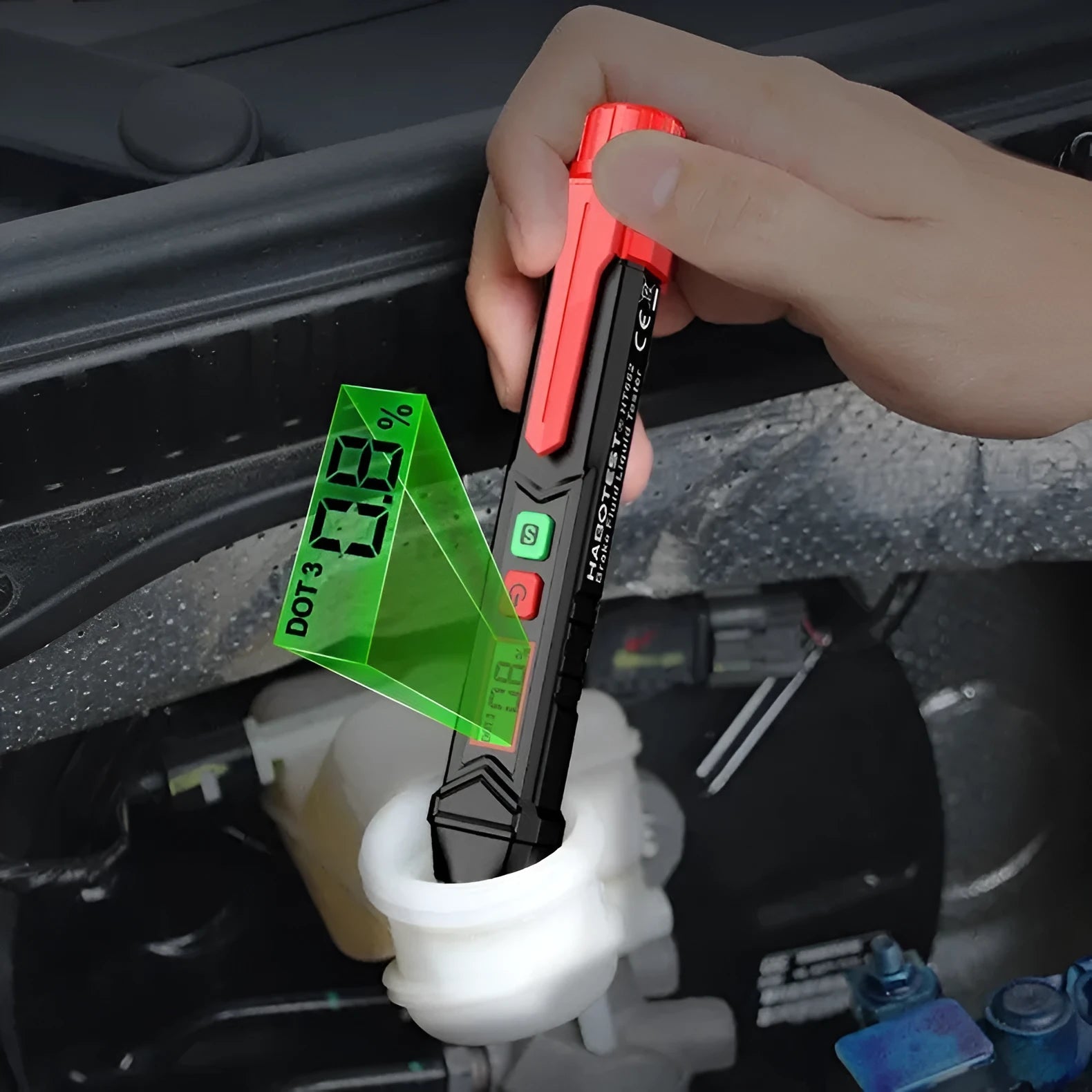 Digital display brake fluid tester pen with LCD screen on a workbench.