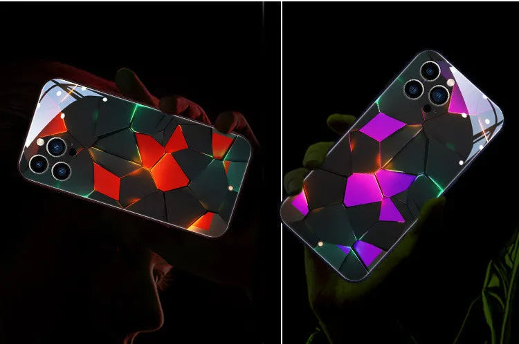 iPhone mobile phone case with illuminated incoming light feature and a transparent toughened glass back.