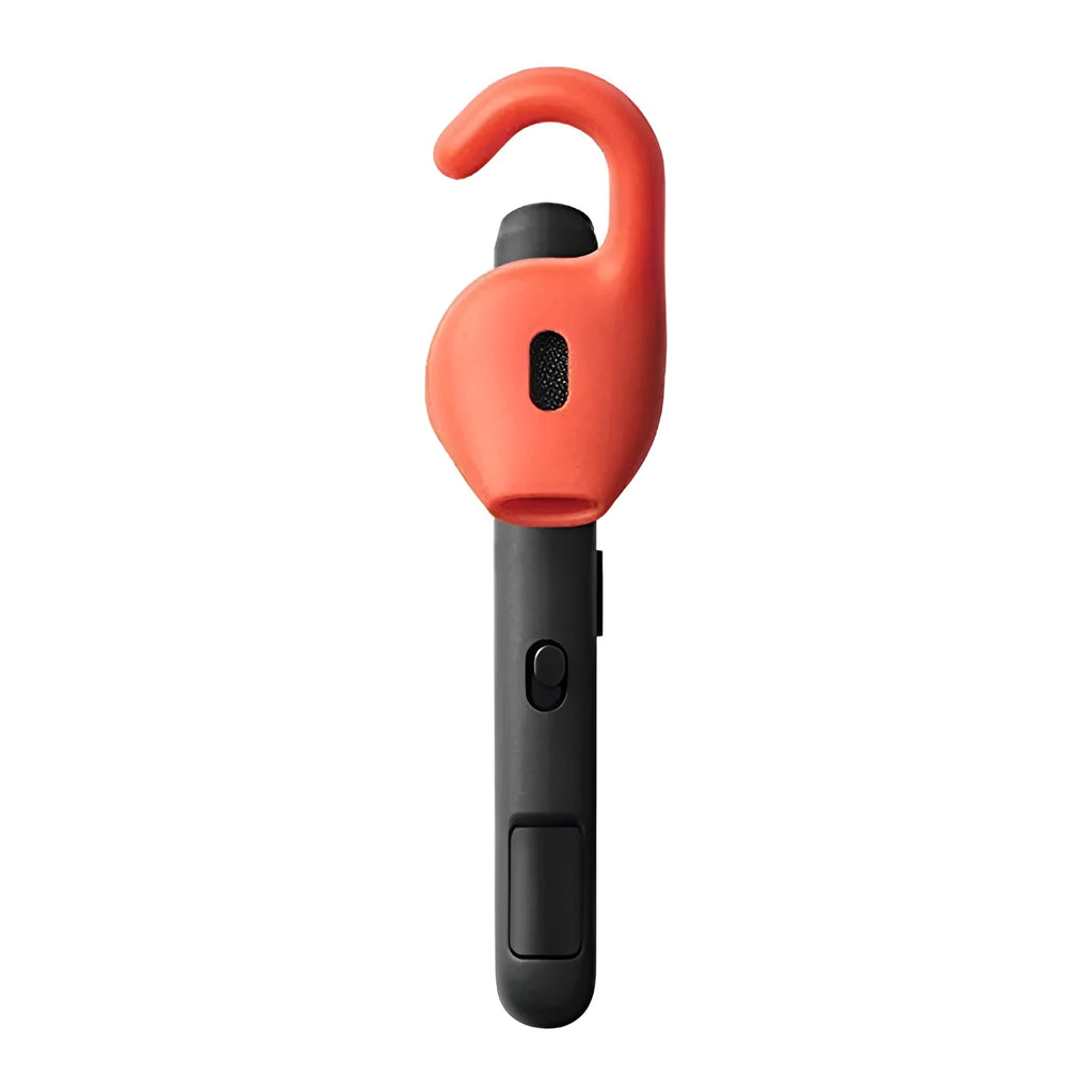 Behind-the-ear Bluetooth earphones showing black and silvery colour options with dual-phone connectivity features