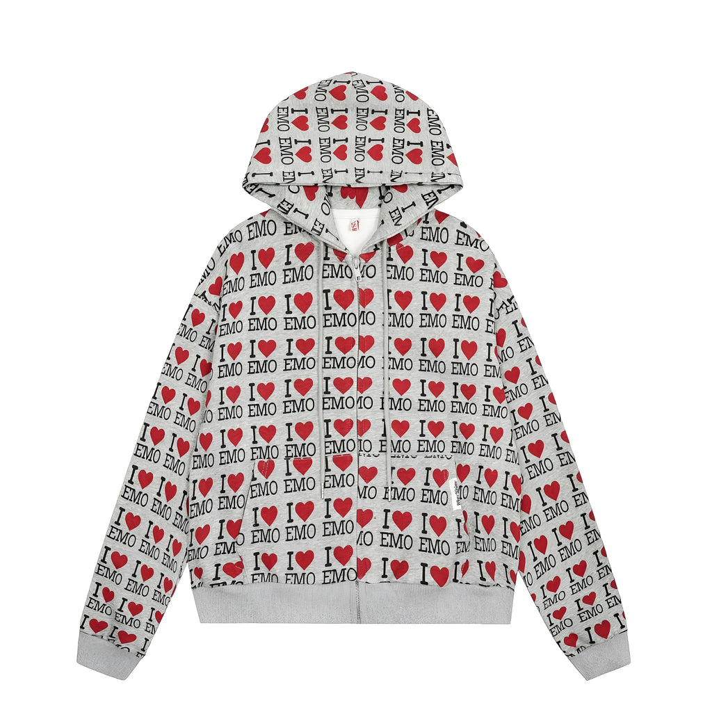 Women's melange grey hooded cardigan with a retro pattern, long sleeves, and cotton fabric