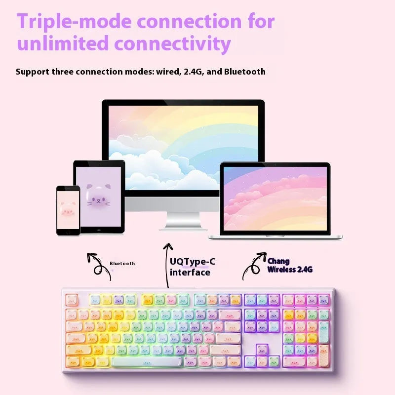 MG108B Coloured Sugar Cat Bluetooth mechanical keyboard with 108 keys and colourful design.