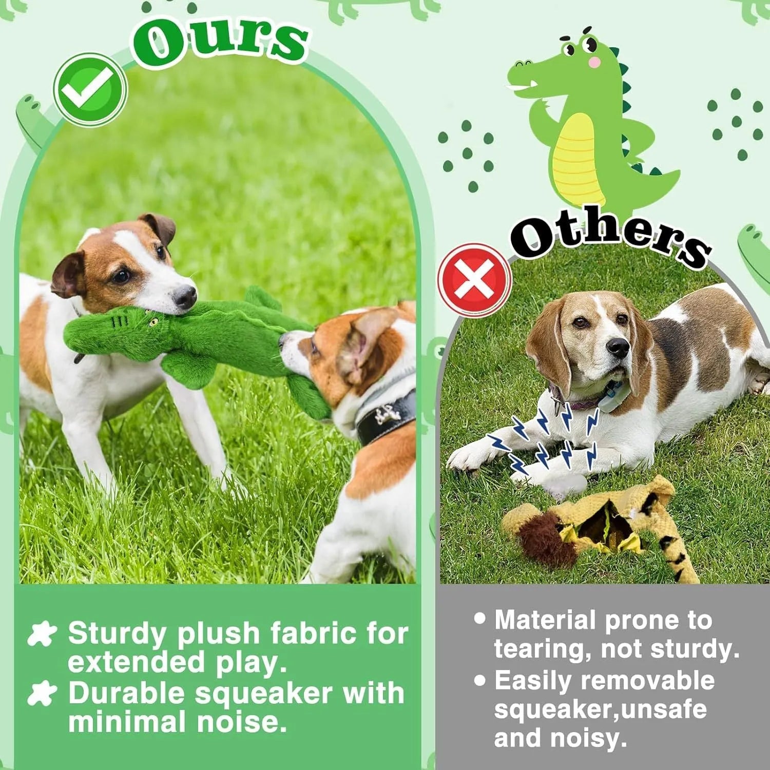 Green crocodile-shaped dog toy with squeaker and crinkle features for aggressive chewers