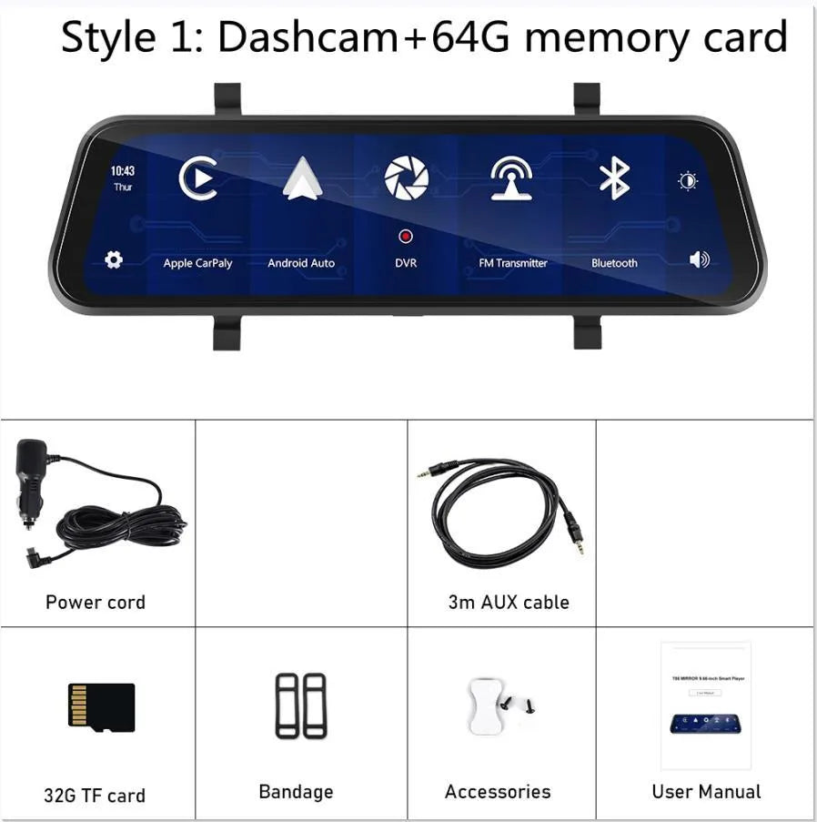 9.66-inch HD car video mirror monitor with reverse camera and mounting kit on a dashboard.