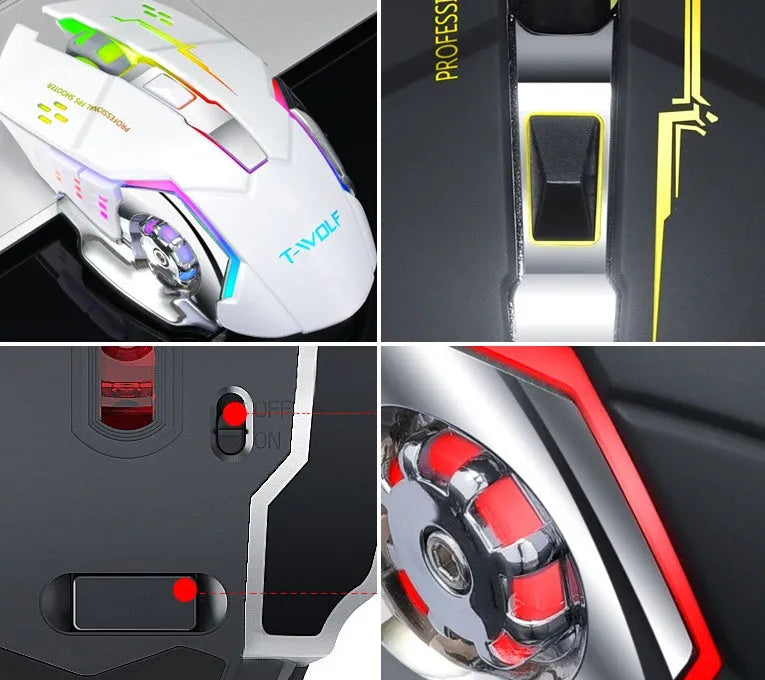 Black and white wireless silent mouse with USB charging port showing six buttons