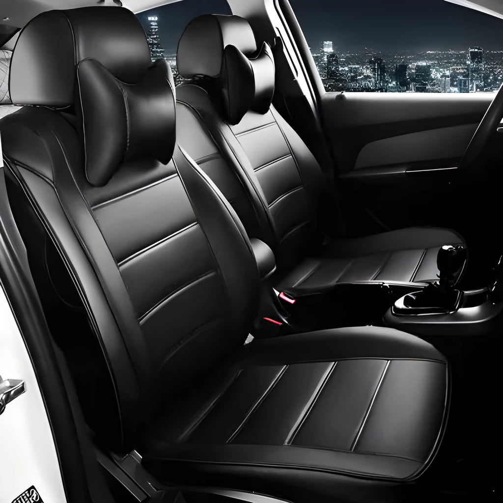 Cow leather car seat cover in binding style shown in beige and black with red line colour variations
