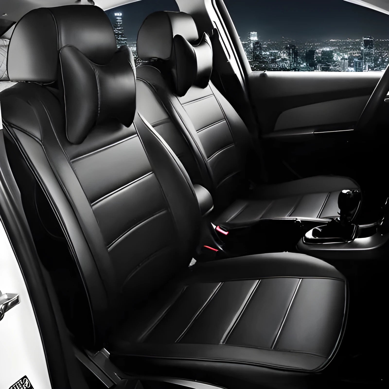 Cow leather car seat cover in binding style shown in beige and black with red line colour variations