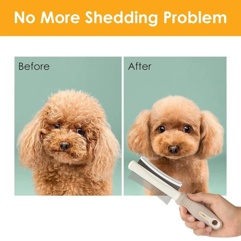 White double-sided pet grooming brush with curved design and comfort-grip handle for dogs and cats