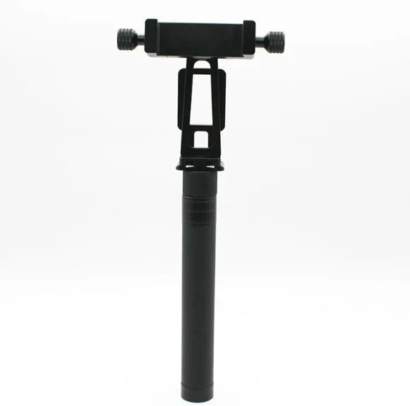 Black retractable aluminium selfie stick extended with a phone attached, showing its handheld stabiliser grip.