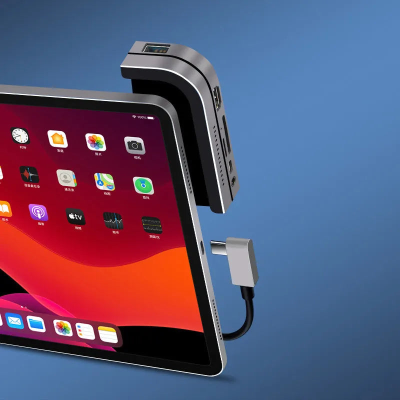 Silver aluminium grey 6-in-1 USB-C docking station and hub for iPad Pro tablets