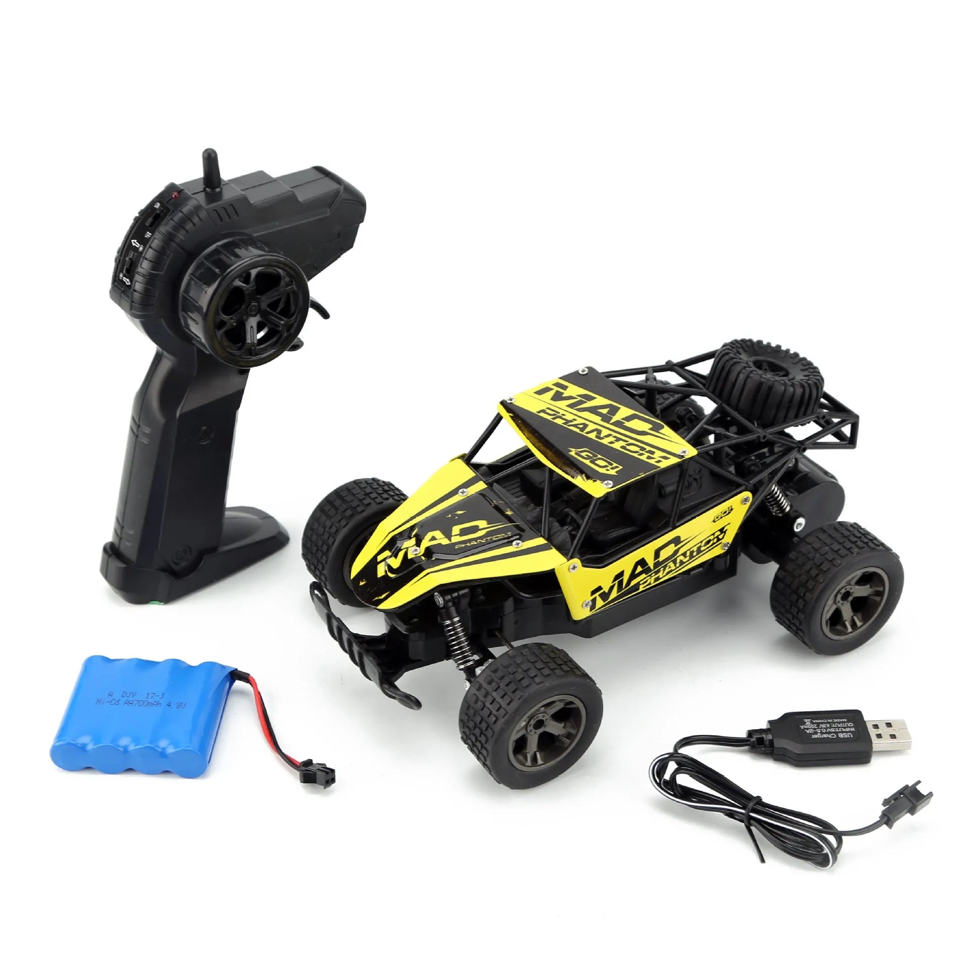 Blue 1:18 scale remote control drift car with 2.4GHz transmitter on black surface