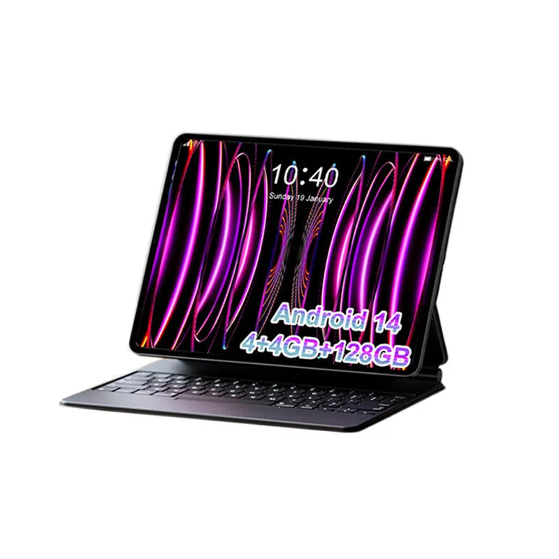 Bare metal blue 10-inch tablet with attached leather keyboard case on a desk.