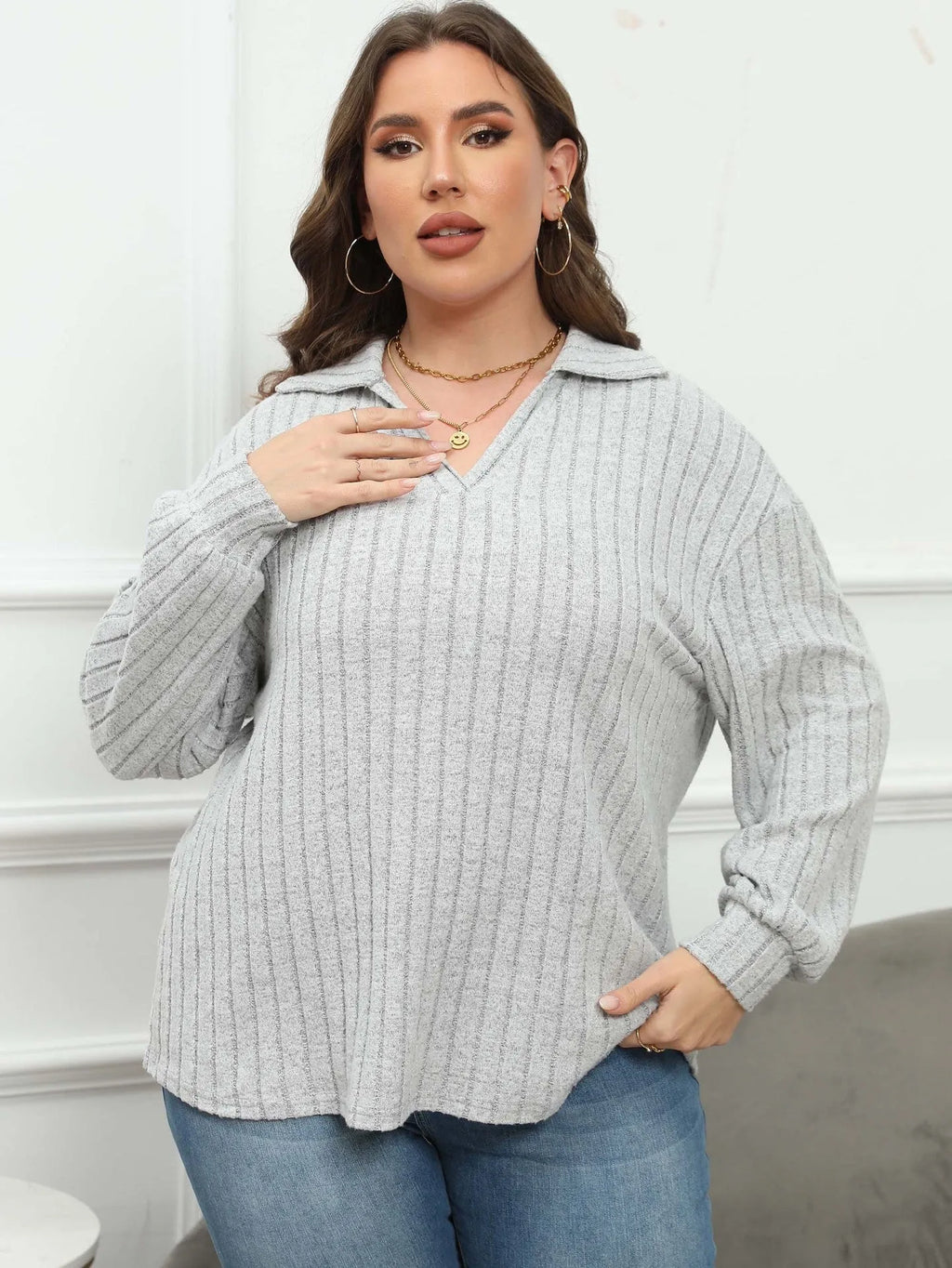 Women's plus size gray fleece shirt with a polo collar and puffed lantern sleeves in a Gothic streetwear style.