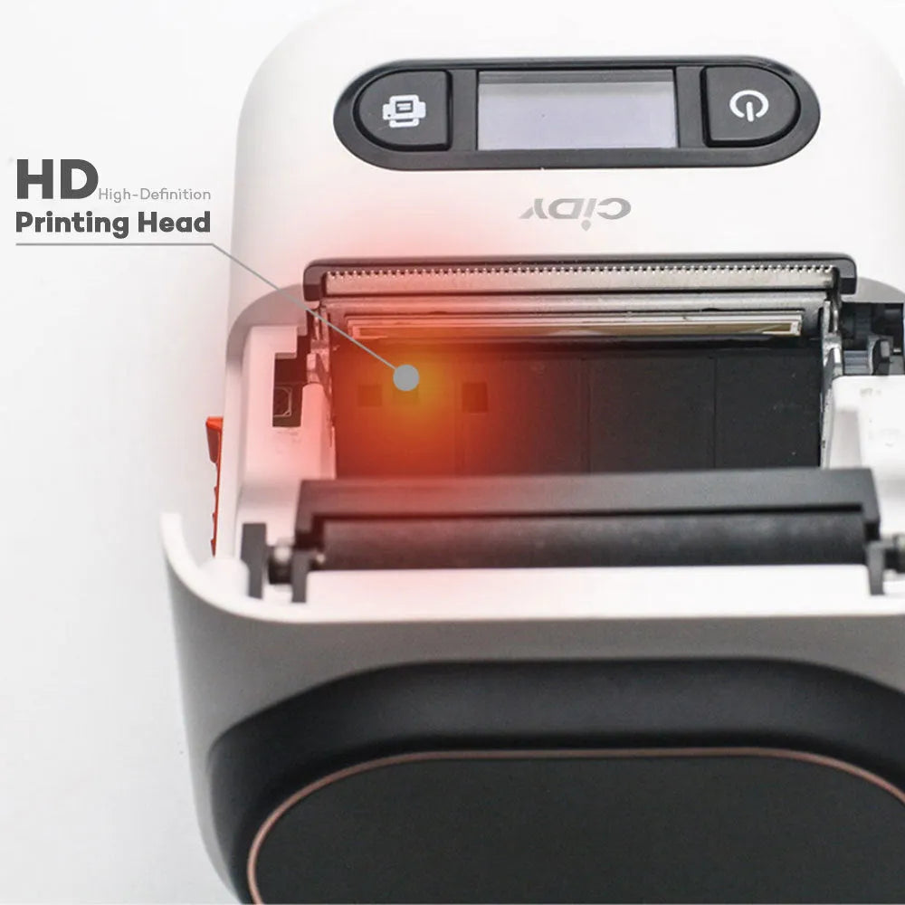 Handheld wireless Bluetooth portable thermal printer in white with 203 dpi resolution and compact 84x130x61mm size