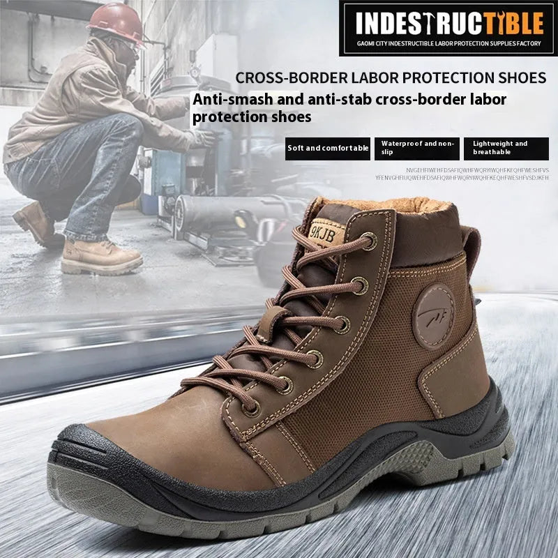 Orange lightweight labour protection safety shoes with leather upper and rubber sole