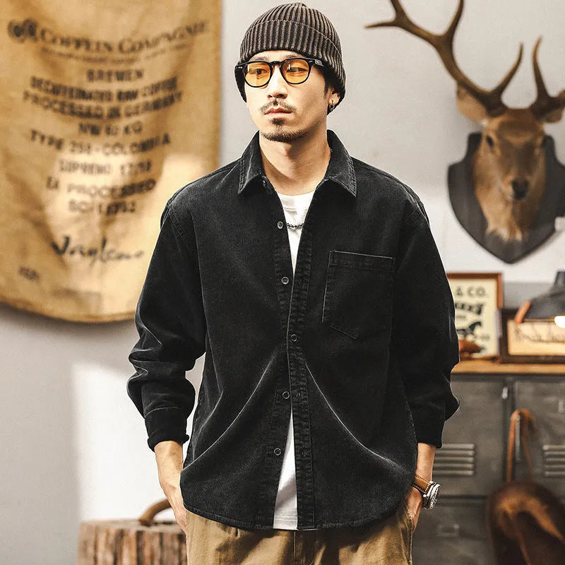 Men's loose fit corduroy shirt jacket in cotton fabric available in black or red
