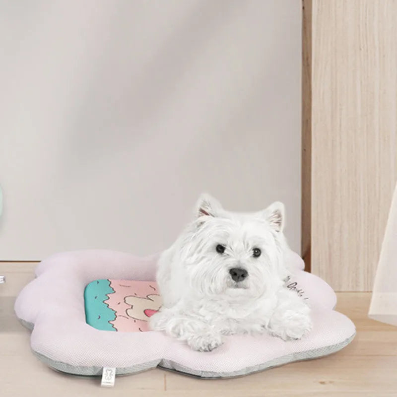 Green and pink ice silk pet cooling mats showing four size options for dogs and cats