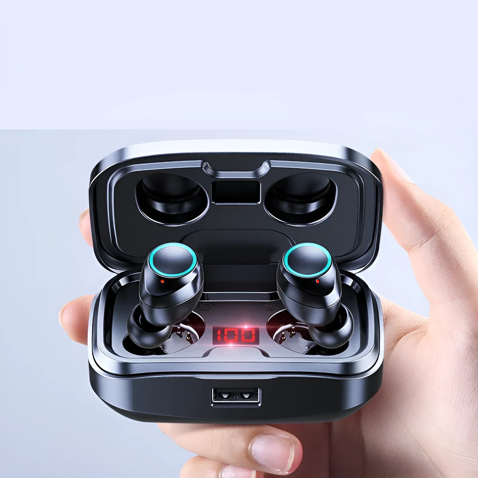 Black, blue, and red wireless in-ear earphones with Bluetooth 5.0 shown on a white background.