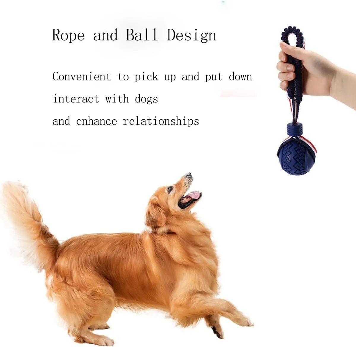 Blue and red natural rubber dog ball with rope handle toy for medium and small dogs