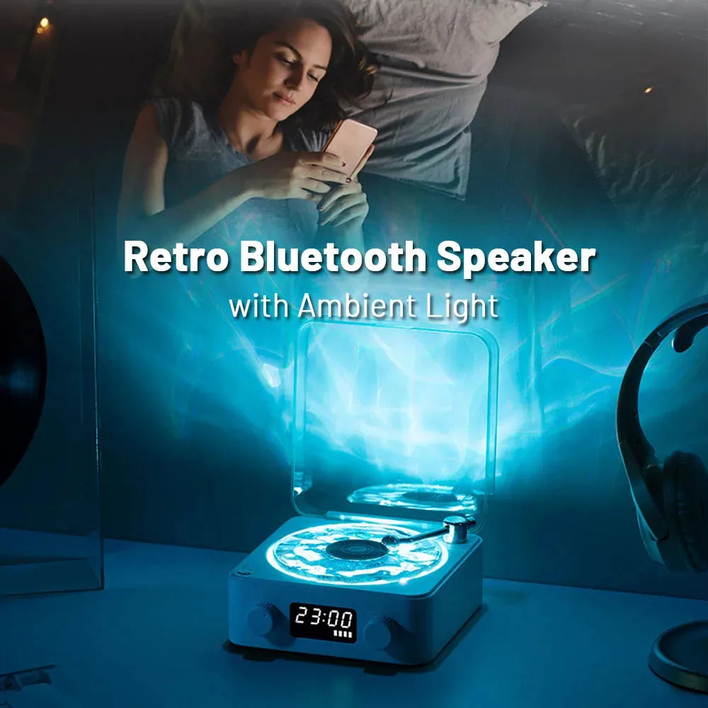 Blue retro turntable Bluetooth speaker with rotating disc and RGB light projection