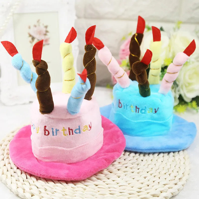 Blue plastic birthday party hat for a small to medium sized dog