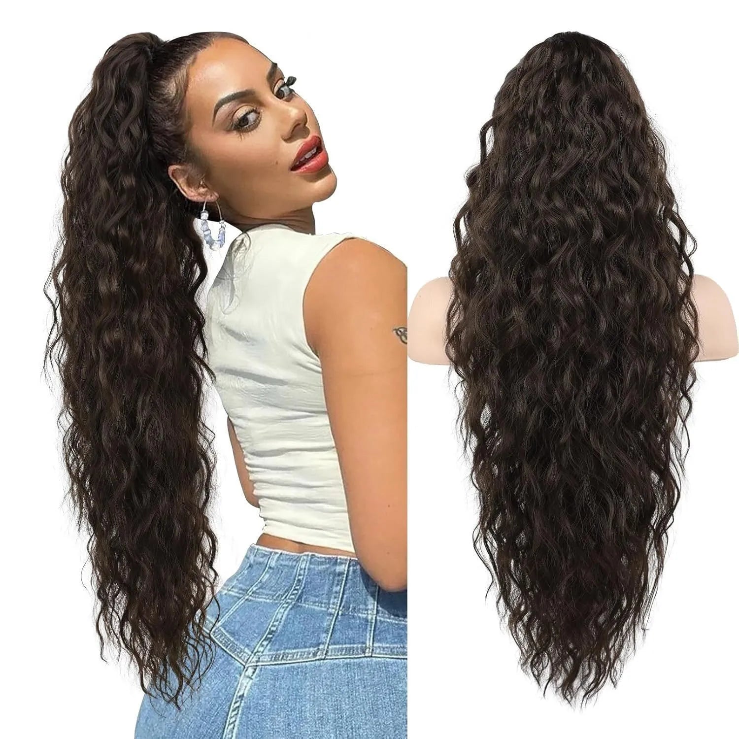 Long curly synthetic ponytail wig in high temperature fibre, 30 inches in length.