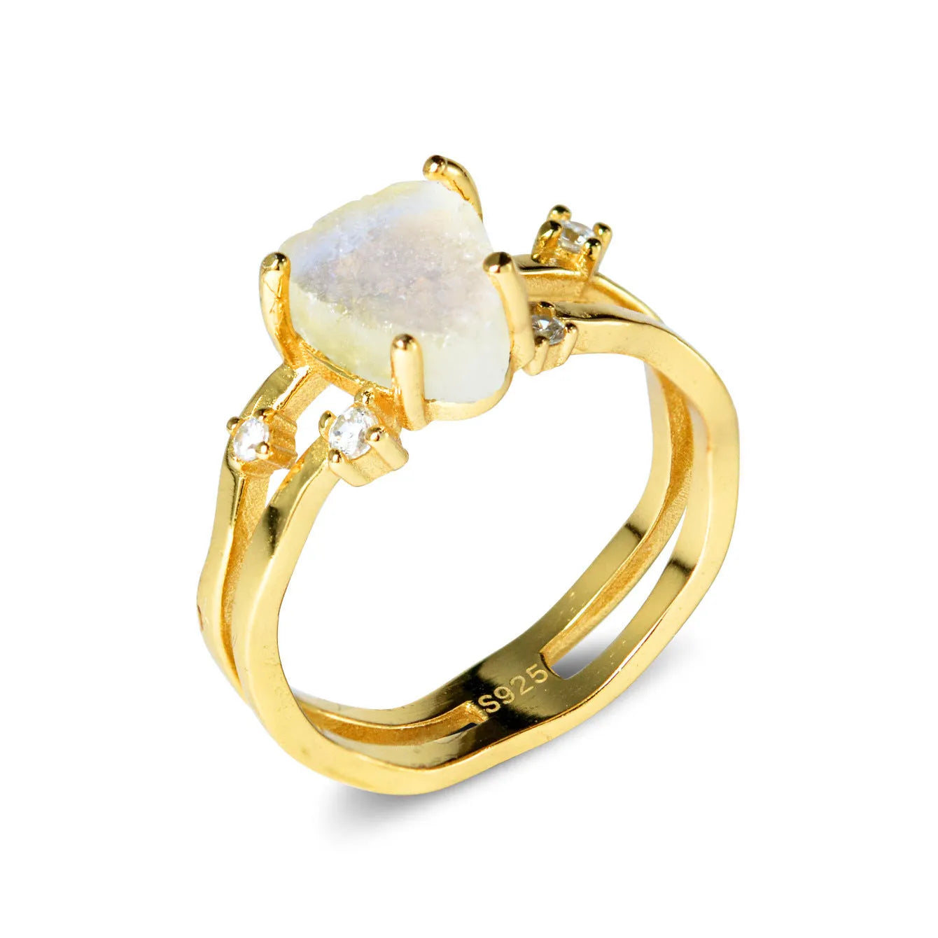 S925 sterling silver ring with irregular triangle shape, moonstone, and electroplated rose gold finish.