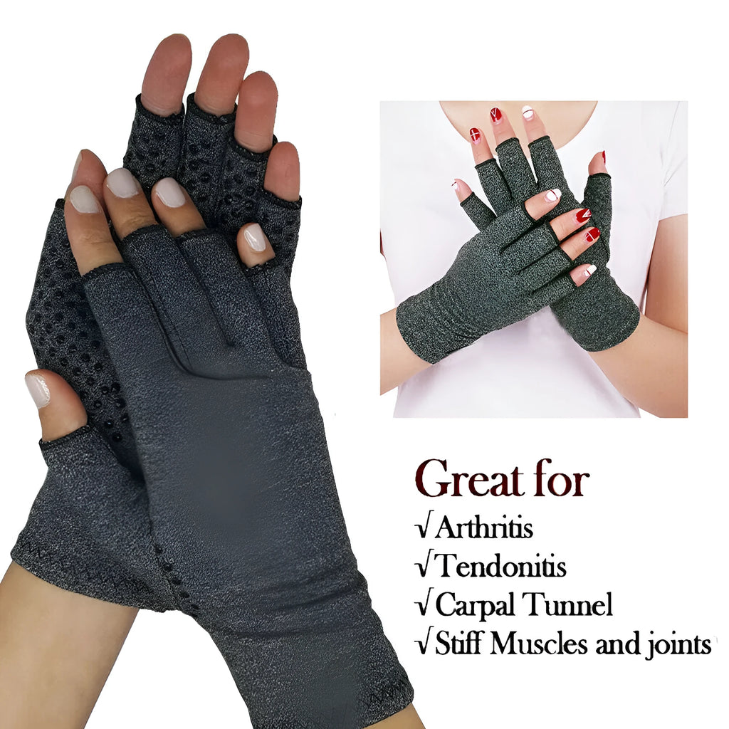 Grey half-finger compression gloves with silicone grip palm on hand, showing open fingertips.