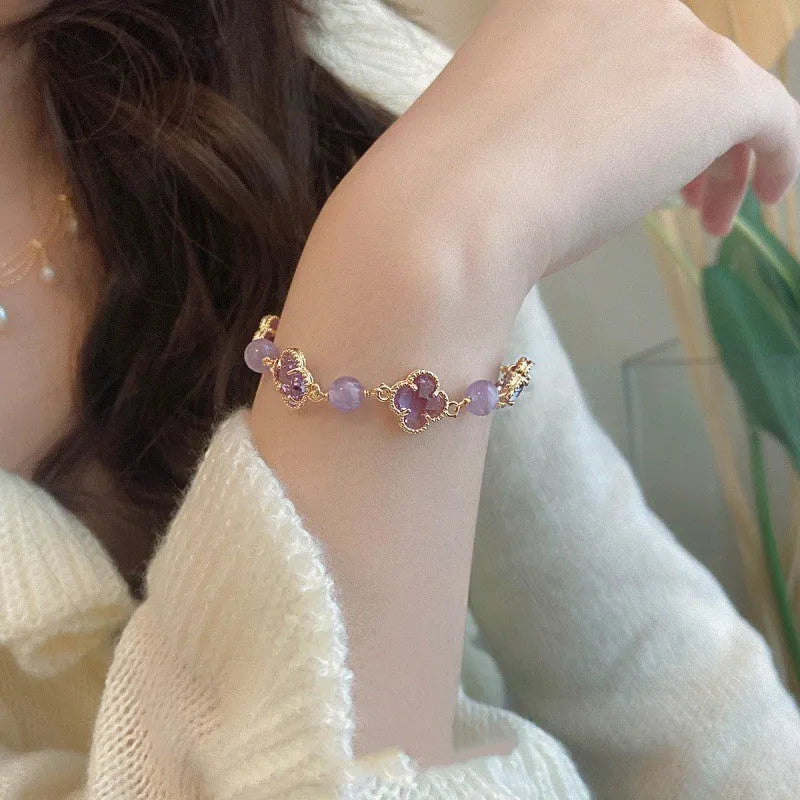 Purple artificial amethyst pearl bracelet with U-shaped design and electroplated metal elements