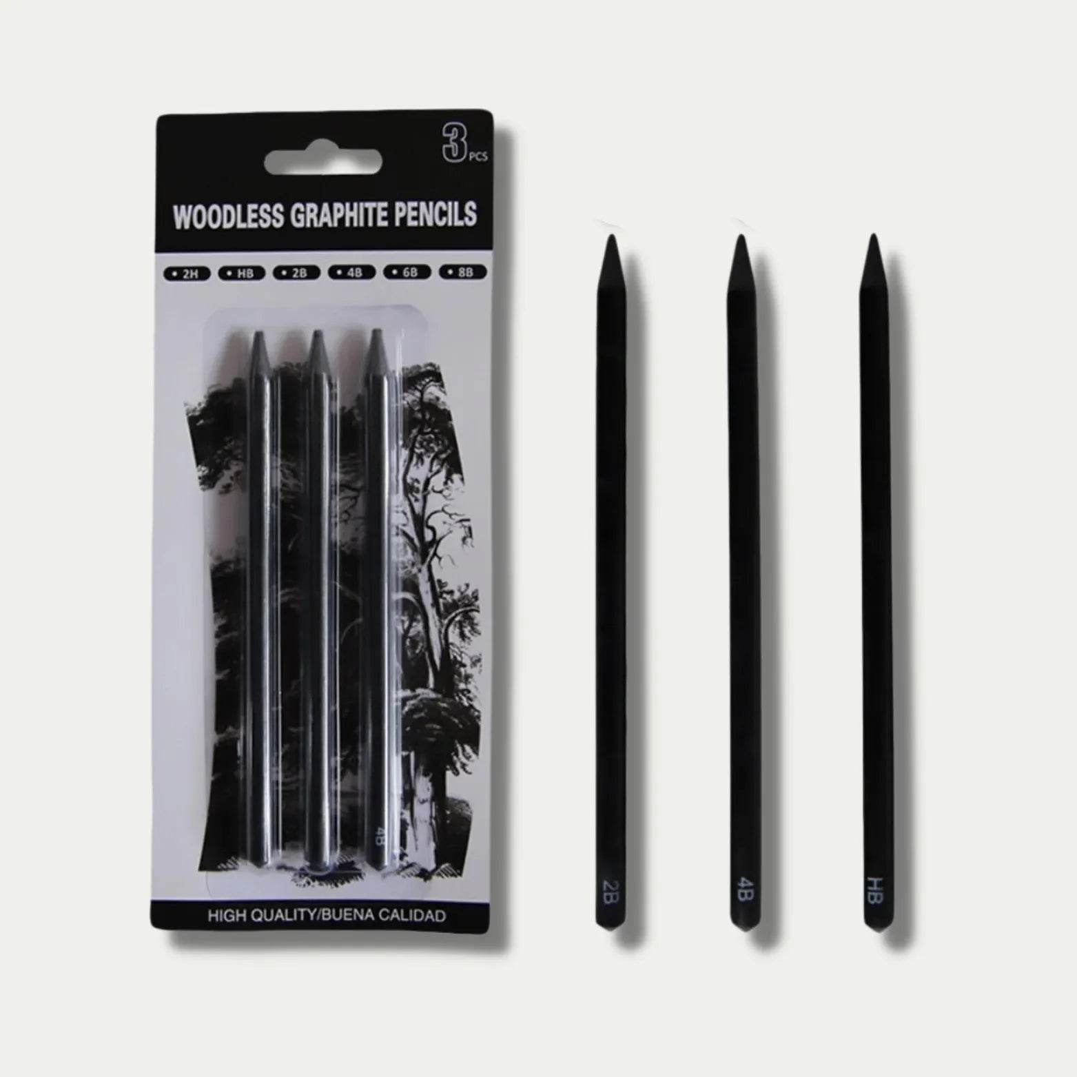 Six graphite sketching pencils in wood-free full lead design with HB 2B 4B 6B 8B EE grades