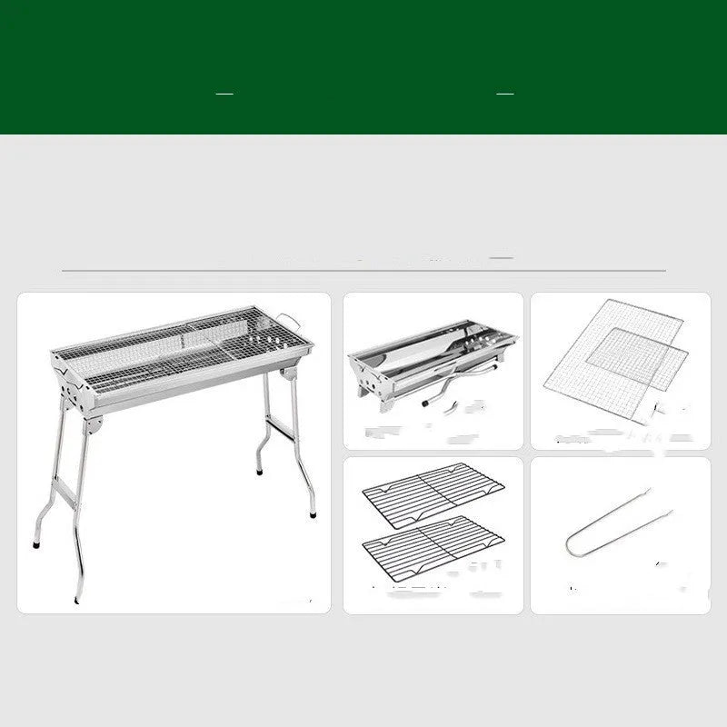 Stainless steel portable folding barbecue oven set up outdoors.