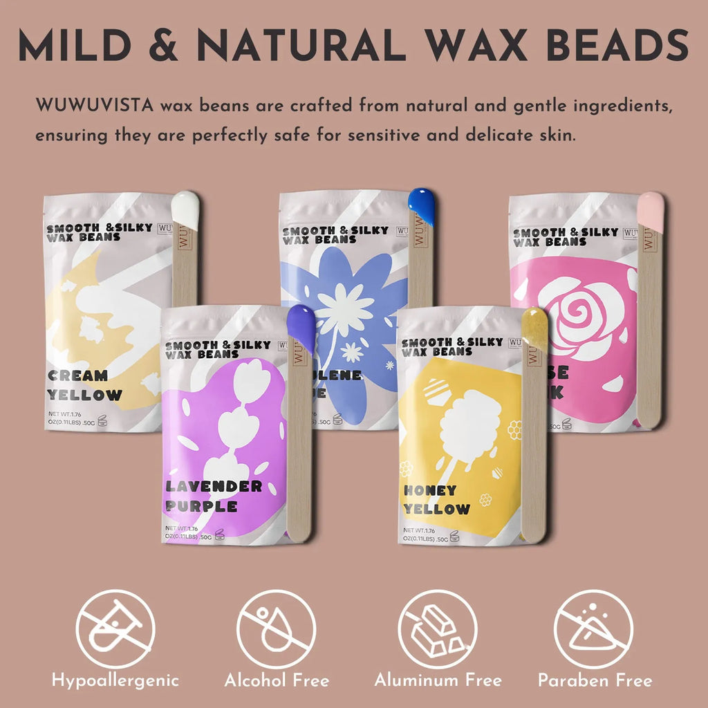 Professional 52-piece waxing kit with wax warmer, hard wax beans, applicator sticks, and aftercare products.