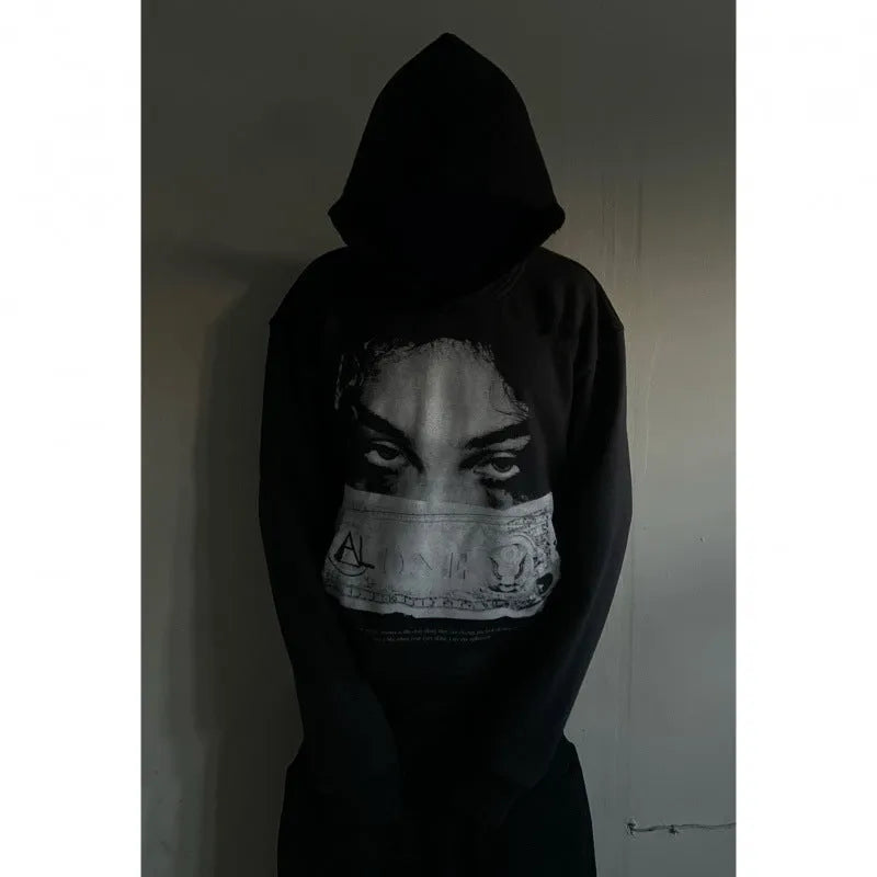 Black women's loose fit hooded sweater with dark printed cartoon pattern design