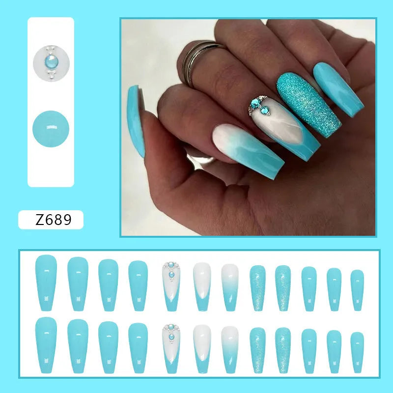 Smart blue diamond colour long ballet false nails with adhesive glue