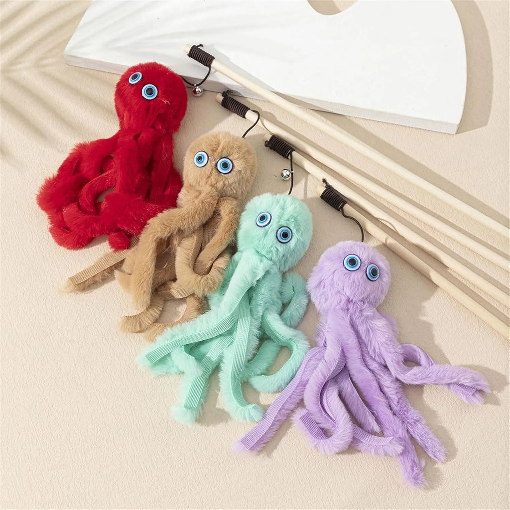 Colourful plush octopus cat toy attached to a long stick for interactive play.