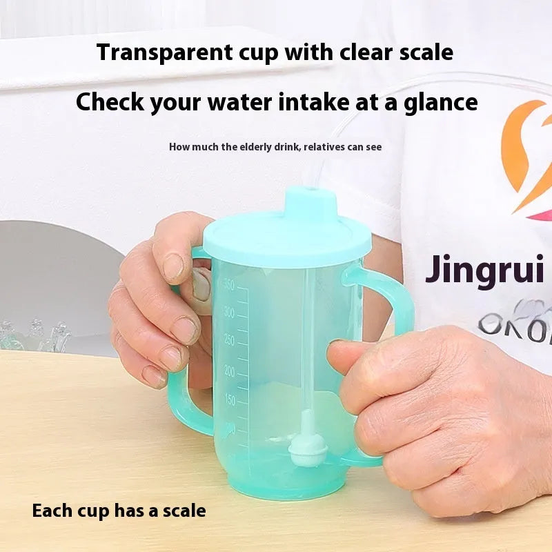 Oblique mouth choke proof drinking cup with optional wrist splint for elderly and pregnant women bed use