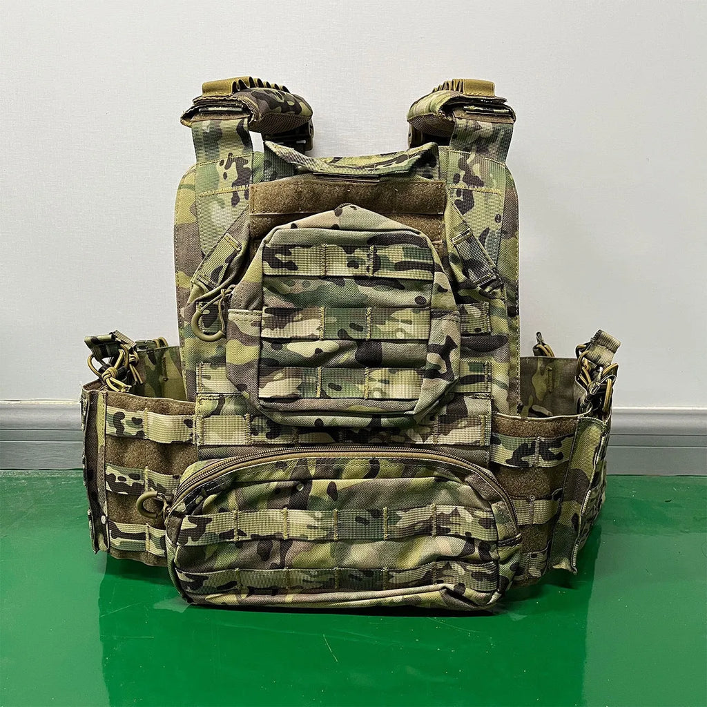 Solid colour Oxford cloth tactical vest in army green shown front view for outdoor use