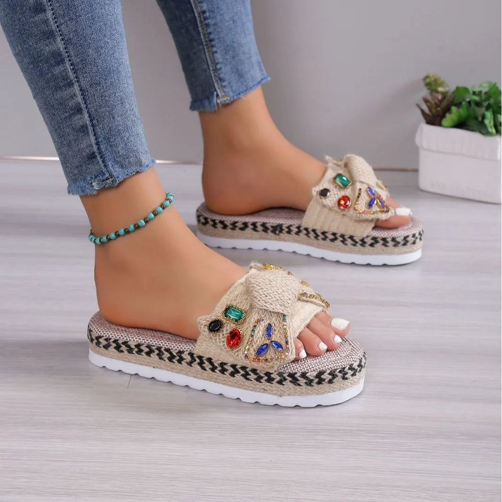 Women's creamy-white platform sandals with beach bow decoration and cloth upper