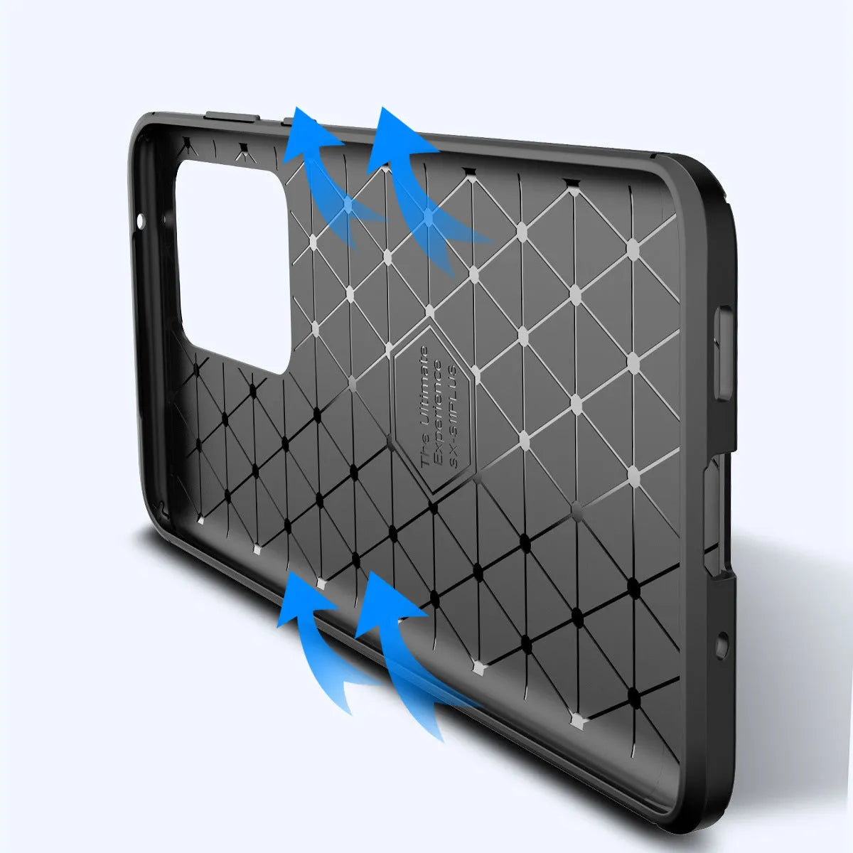 Solid colour TPU back case for Samsung Galaxy phone in black, blue, or brown.