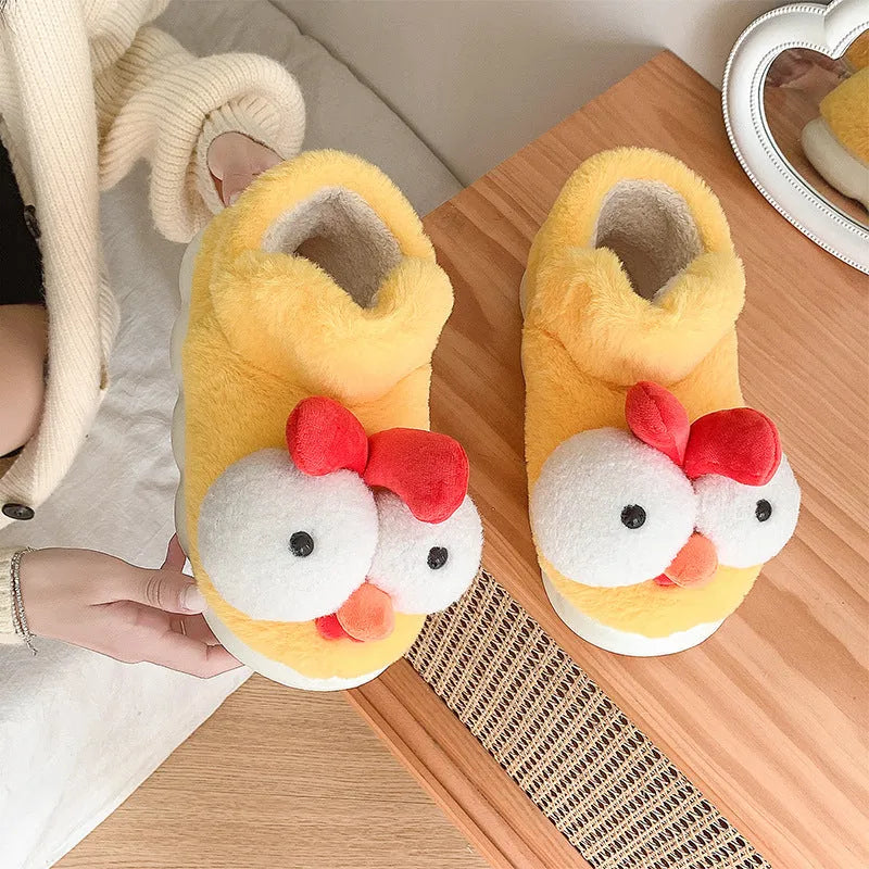 Unisex cute chick cotton slippers in yellow with artificial plush upper, indoor winter wear