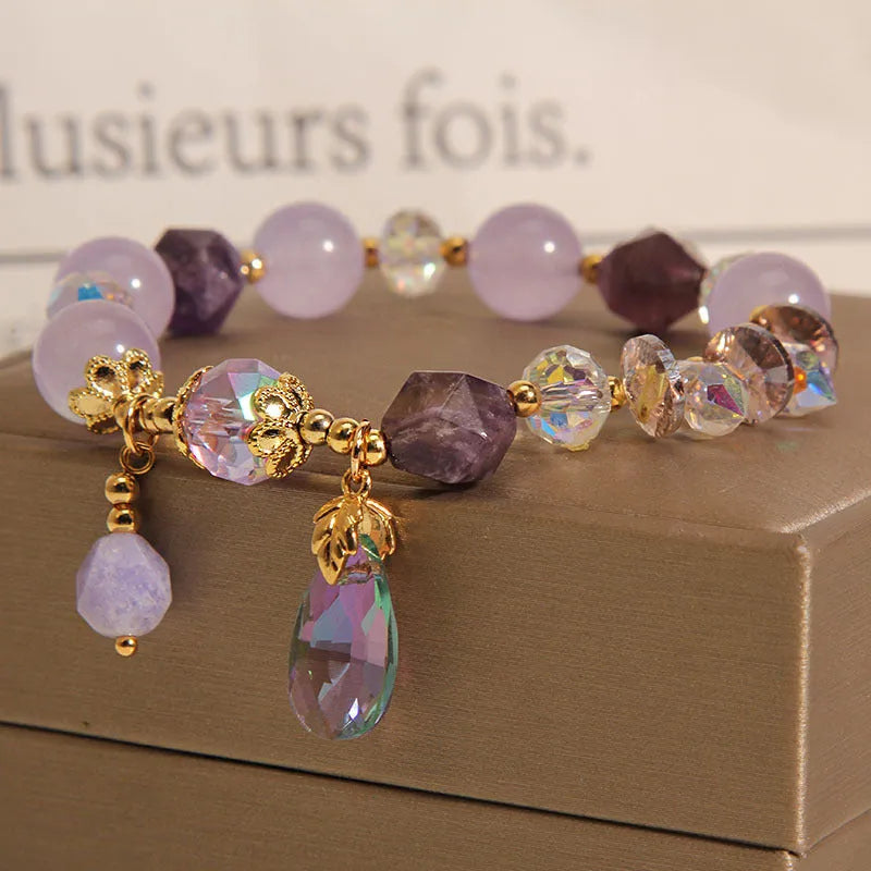 Retro purple crystal bracelet with lavender water drop charms for children