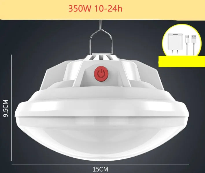 LED camping lantern with energy-saving bulb, showing 18650 battery and available in 280W, 350W, 450W, 500W options.