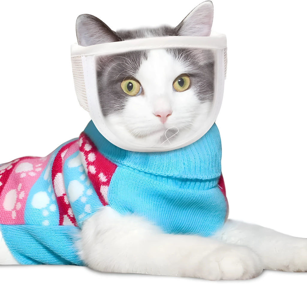 Clear PVC cat muzzle with cotton lining shown in S and M sizes for grooming and training